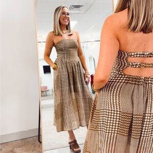 Strapless Brown Houndstooth Midi Dress with Smocked Back